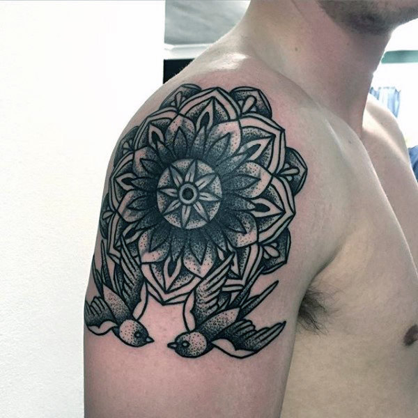 Male arms pair of birds and floral dotwork tattoo Male arms pair of birds and floral dotwork tattoo
