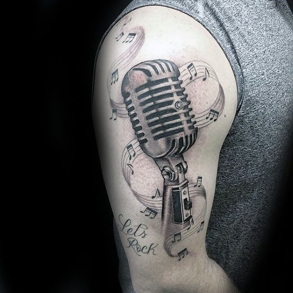 Male cool microphone music staff arm tattoo ideas