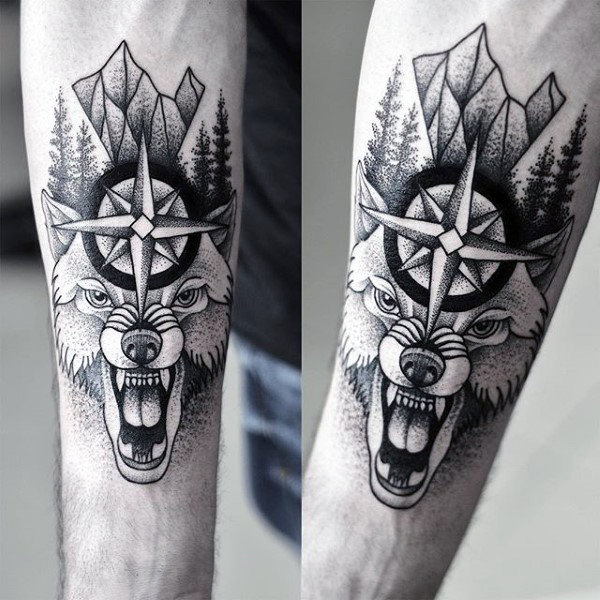 Male forearms beast and religious sign dotwork tattoo