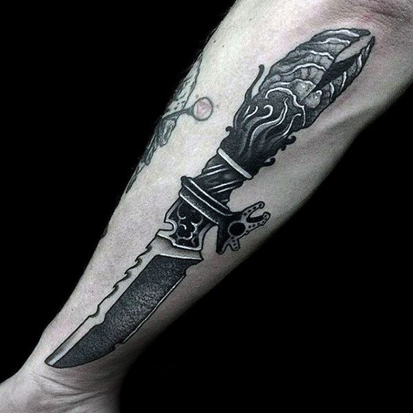 Male forearms grey dagger tattoo