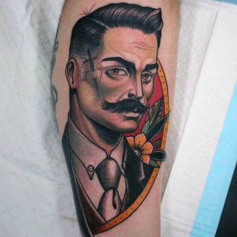 Male forearms realistic man face neo traditional tattoo