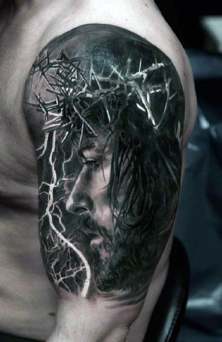 Male jesus with crown of thrones realistic 3d arm portrait tattoo Male jesus with crown of thrones realistic 3d arm portrait tattoo