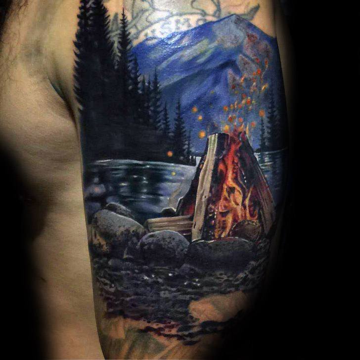 Male with cool campfire tattoo design
