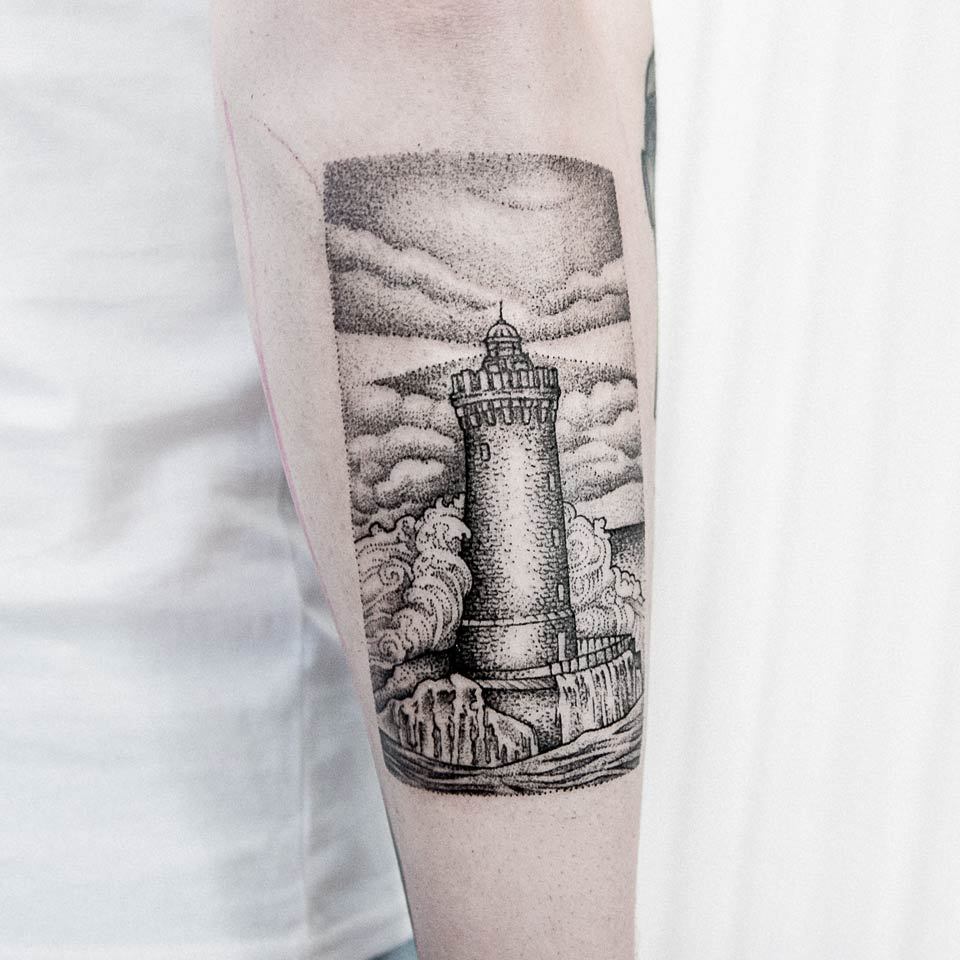 Man Dotwork Lighthouse Tattoo