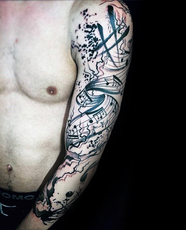 Man with amazing music note watercolor full arm tattoo