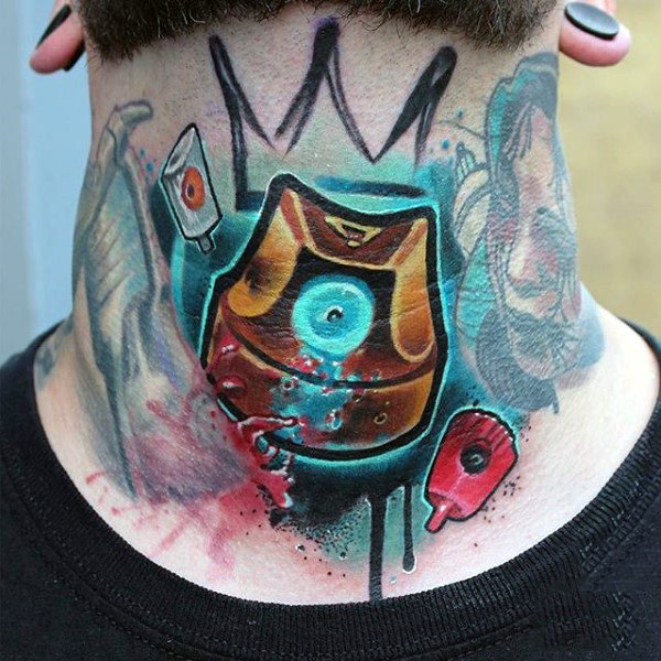 Man with graffiti nozzle cap tattoo on neck