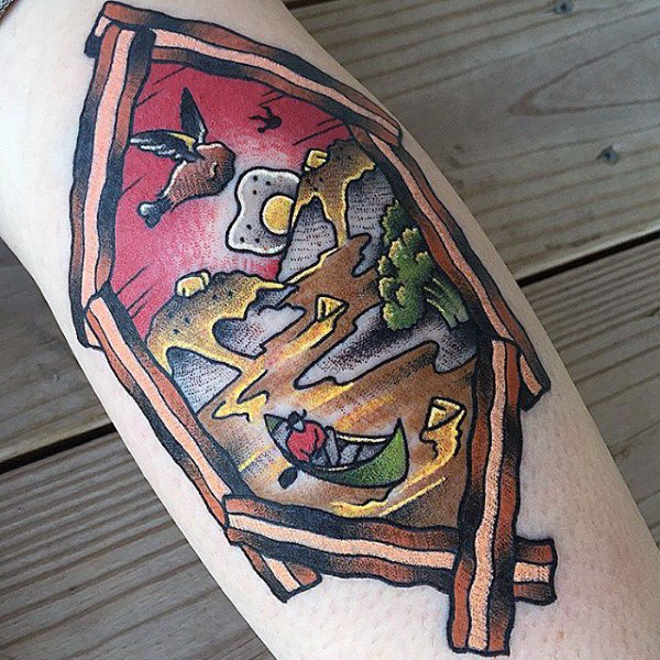 Man with surreal flying drumstick over boating man tattoo on forearm