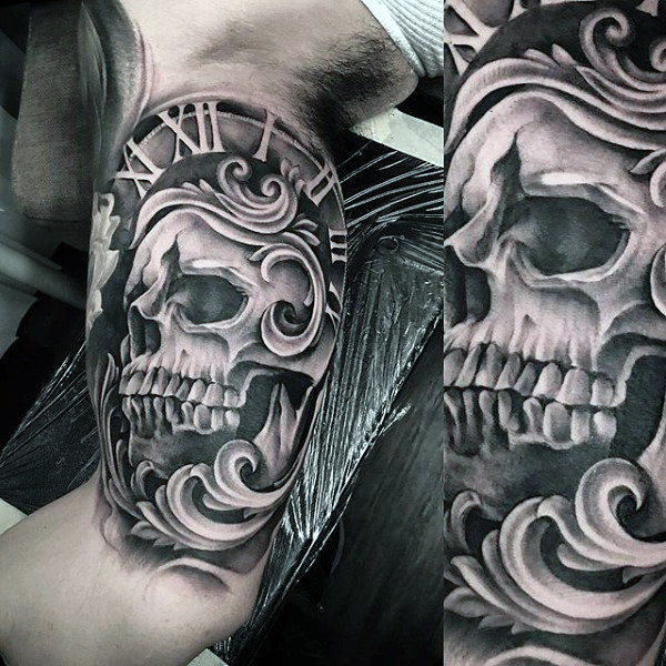 Masculine mens 3d skull roman numeral clock filigree inner arm bicep tattoo