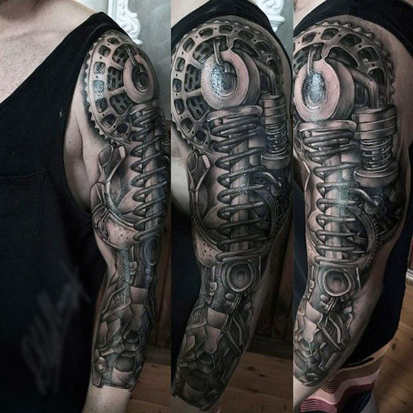 Mechanical optical illusion mens sleeve tattoo