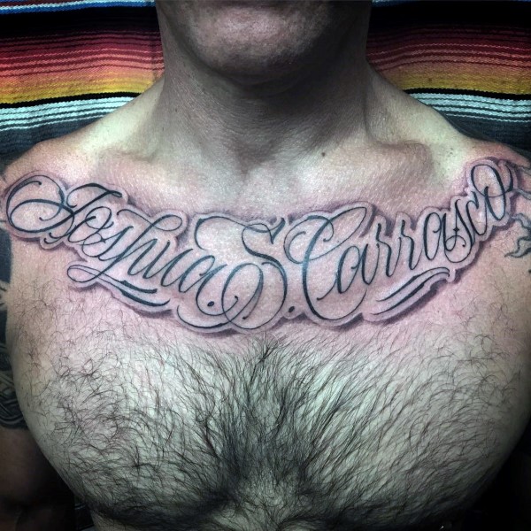 Memorial mens script chest tattoos