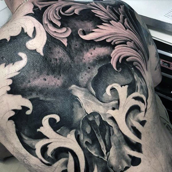 Mens 3d back skull filigree tattoos