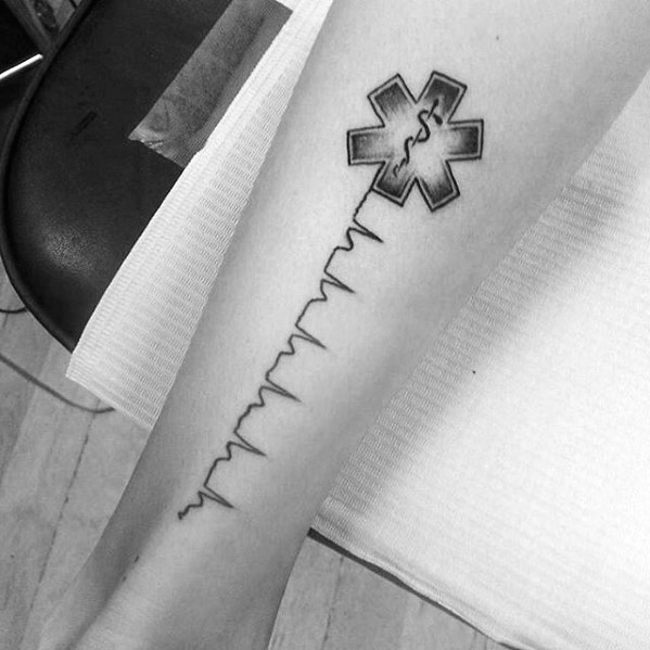 Mens back of leg star of life heartbeat tattoos