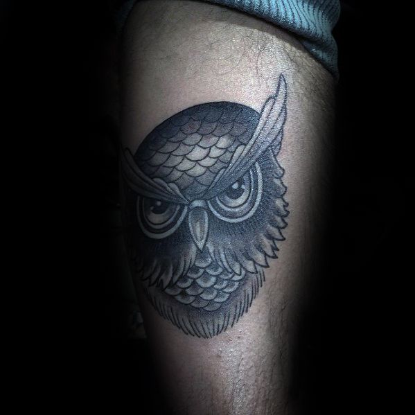 Mens coolest owl head small thigh tattoo