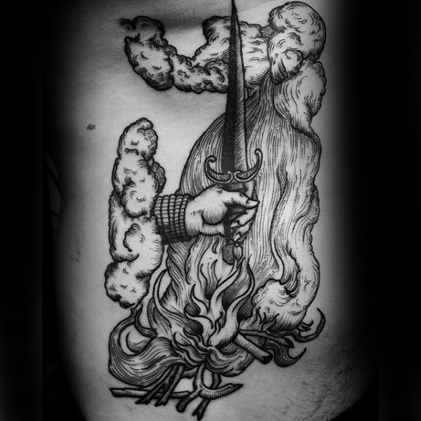 Mens forearms dagger and smoky fire tattoo