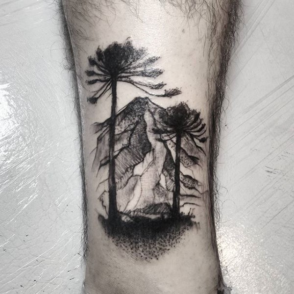 Mens forearms grey watercolor tree tattoo