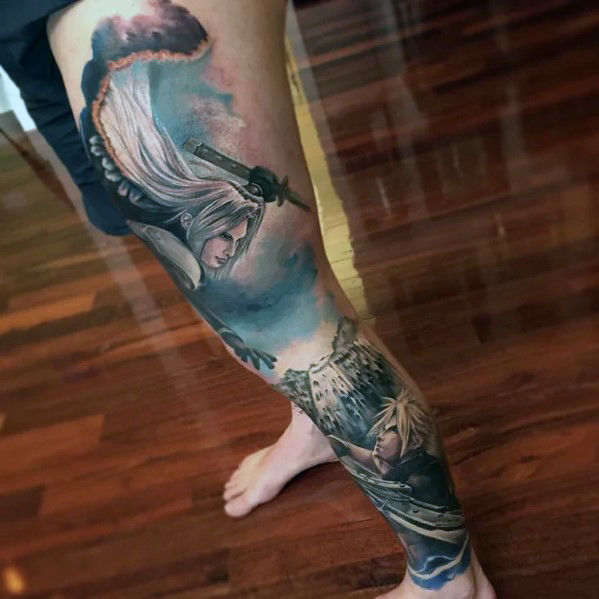 Mens full leg sleeve final fantasy themed tattoo