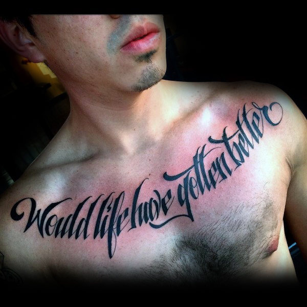 Mens grandiose script upper chest tattoo with black ink