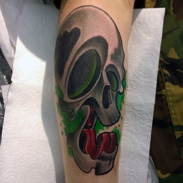 Mens green gas skull character graffiti tattoo on forearm