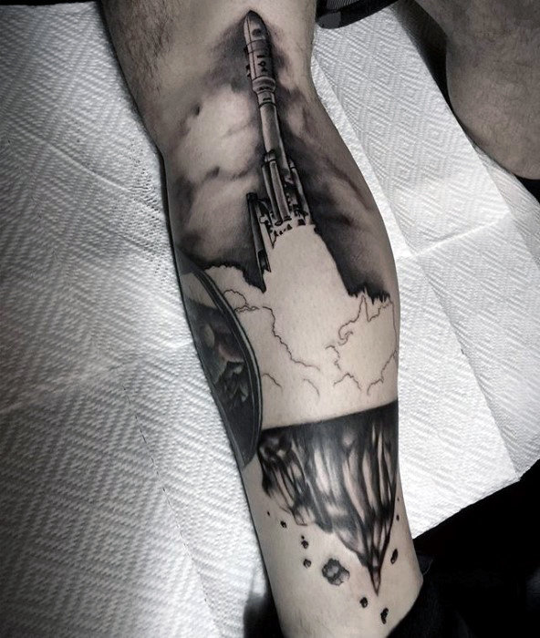 Mens leg calf spaceship black and grey shaded tattoo design