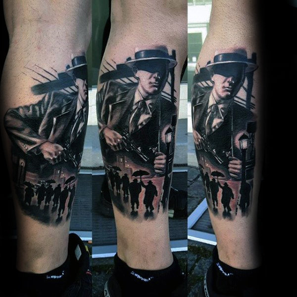 Mens lower leg gangsters tattoo