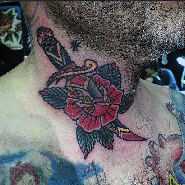 Mens neck dagger through flower tattoo