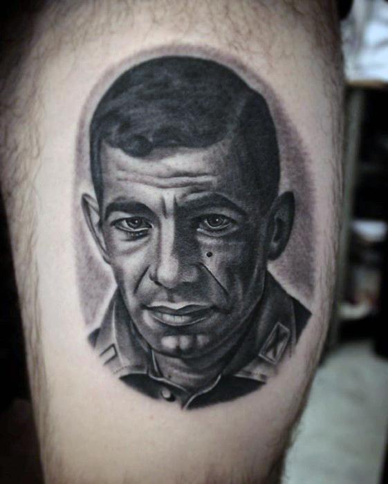 Mens portrait tattoo design inspiration on thigh