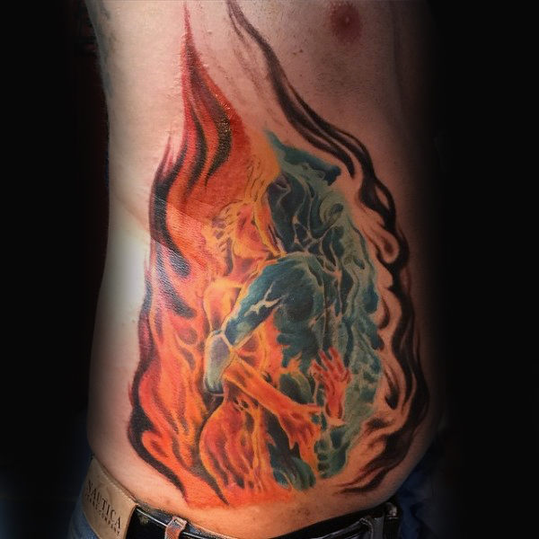 Mens rib cage blue and orange fire tattoo