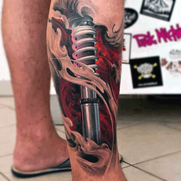 Mens shock 3d optical illusion leg tattoo with ripped skin