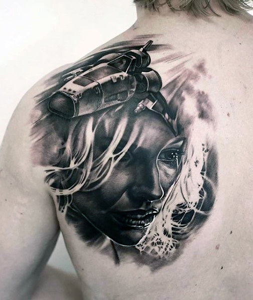 Mens shoulder female portrait with spaceship tattoo