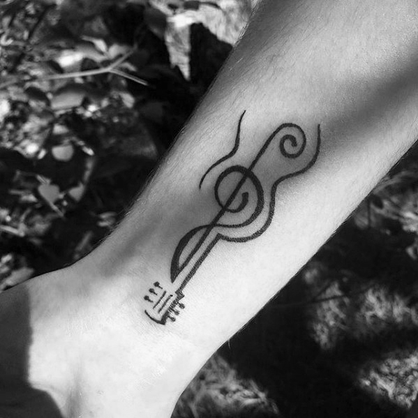 Mens simple music note guitar shape forearm tattoo