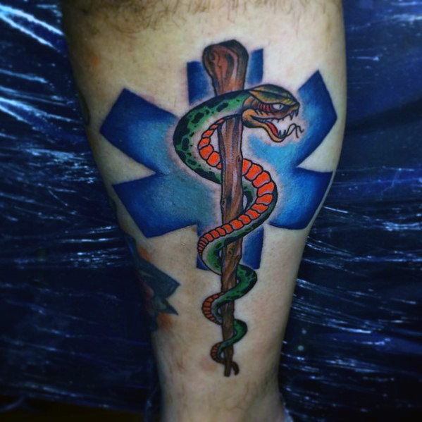 Mens snake star of life lower leg tattoos