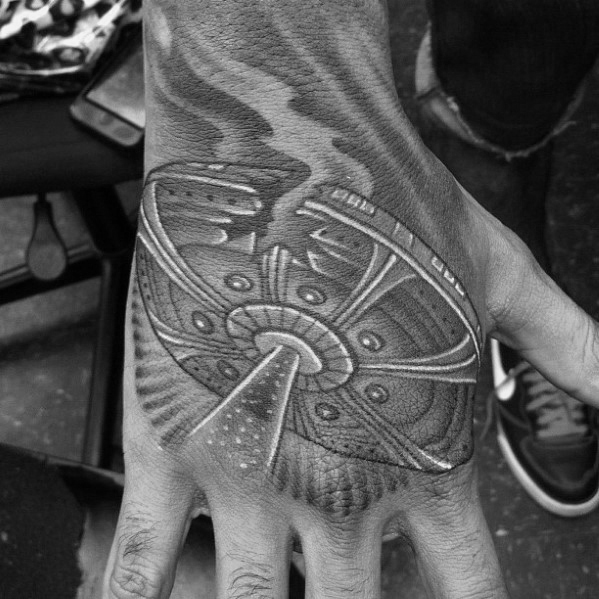 Mens ufo spaceship shaded hand tattoos