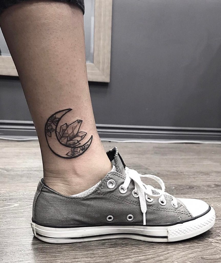 Moon And Crystals Tattoo On The Ankle