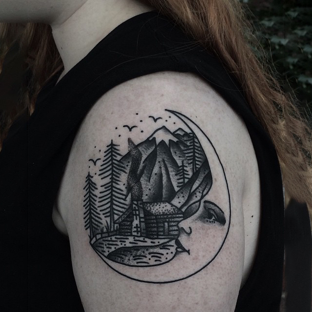 Moon And Hut In The Woods Tattoo