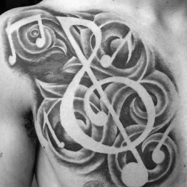 Music note negative space shaded black and grey chest tattoo Music note negative space shaded black and grey chest tattoo