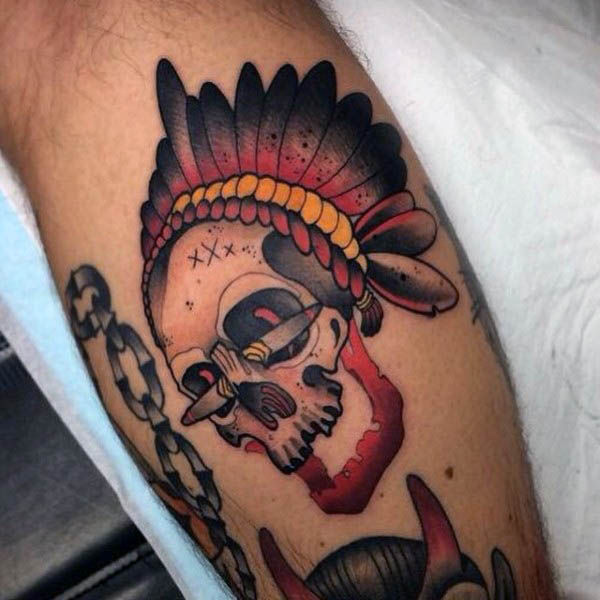Neo traditional skull with hood tattoo mens forearms
