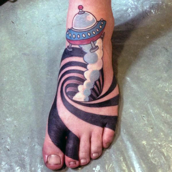 Optical illusion spaceship mens foot tattoo with spiral design