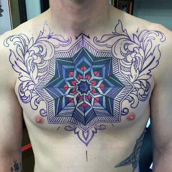 Ornate geometric floral optical illusion male chest tattoo