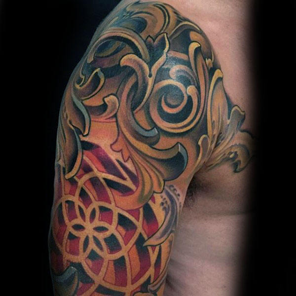 Ornate mens sleeve optical illusion tattoo