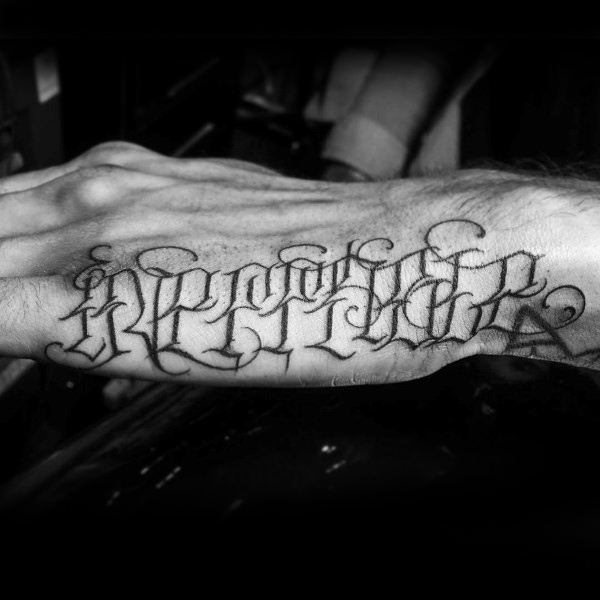 Outer hand script tattoo with decorative lettering for guys