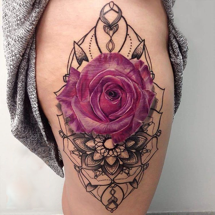 Pink Rose & Mandala Hip Tattoo