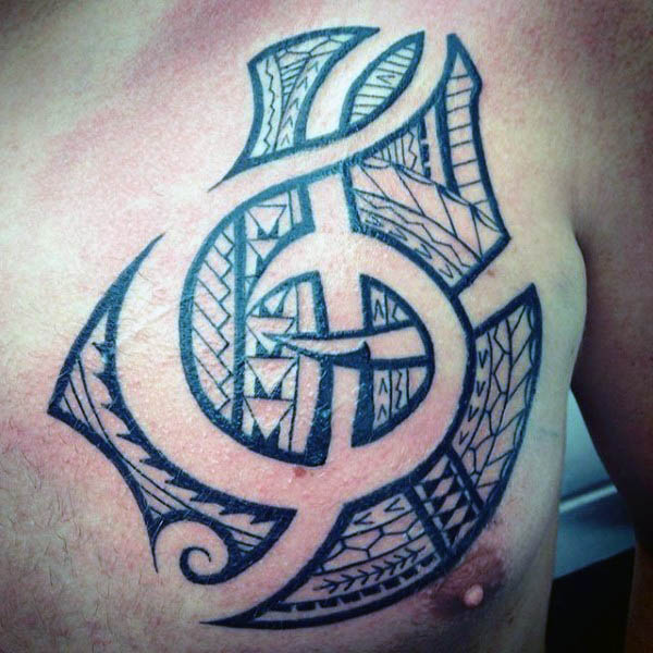 Polynesian tribal treble clef tattoo on upper chest