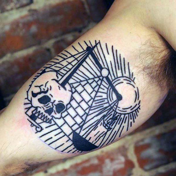 Pyramid with skull and sun rays woodcut bicep tattoos for men