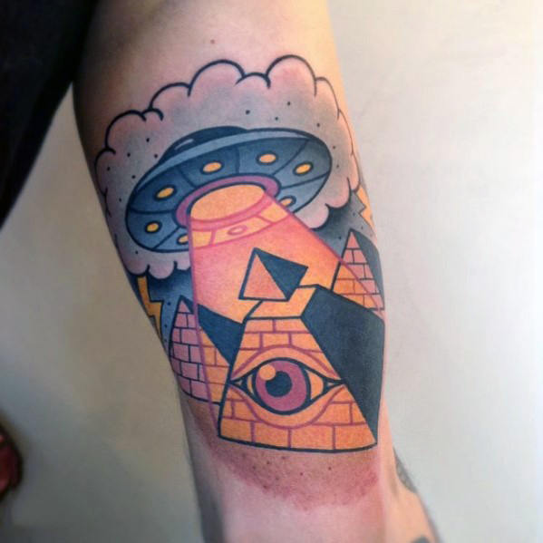 Pyramids with flying ufo spaceship mens arm tattoo