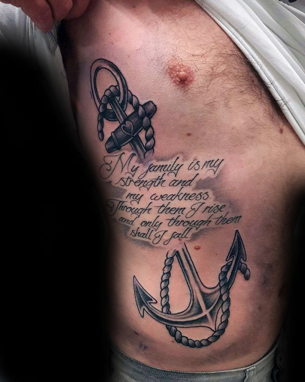 Quote cursive script anchor rib cage side tattoos