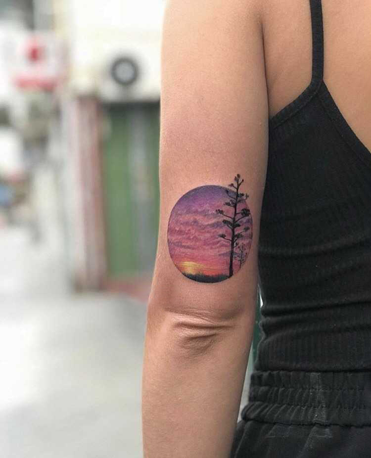 Realistic Landscape And Sunset Tattoo