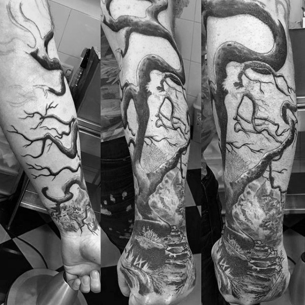 Realistic dark forest and winding path half sleeve tattoo on man