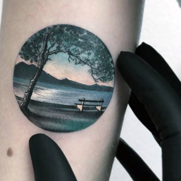 Realistic small nature landscape guys cool inner forearm tattoo