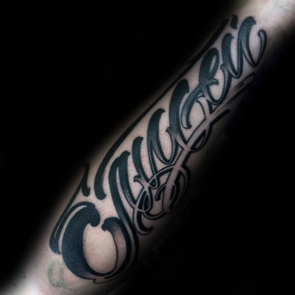 Retro script mens shaded forearm tattoos