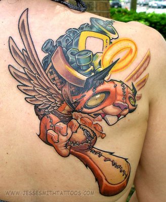 Right back shoulder colored graffiti tattoo